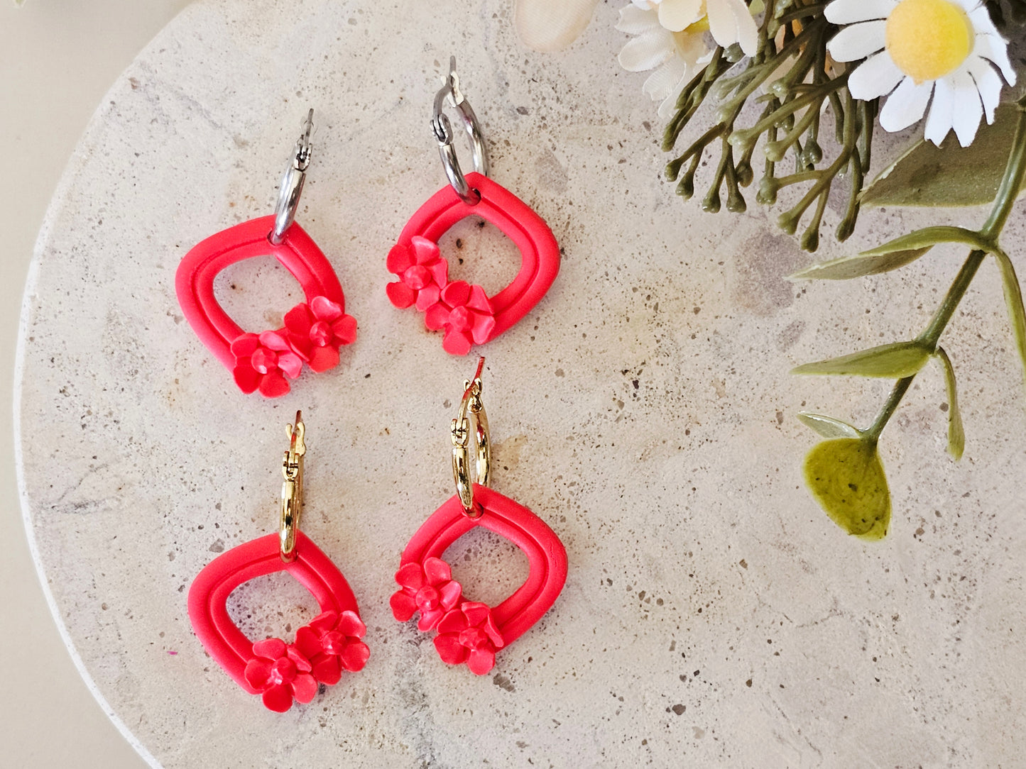 Daily Colour Bright Red Floral Hoops