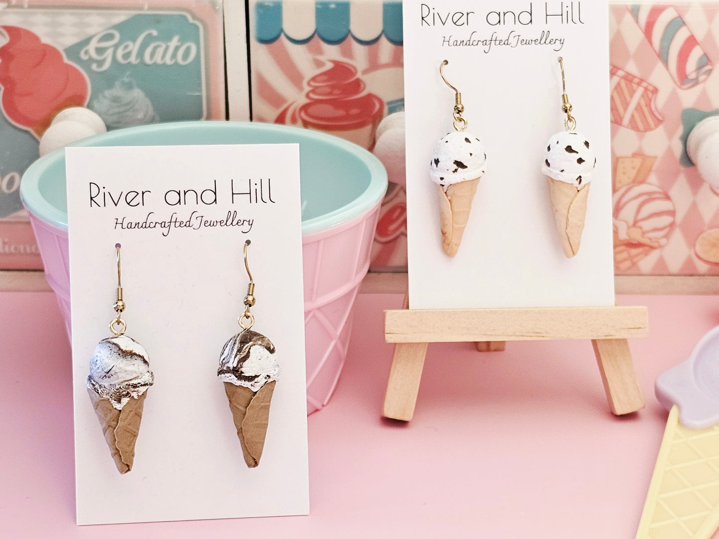 Ice Cream Cone Cookies and Cream Earrings