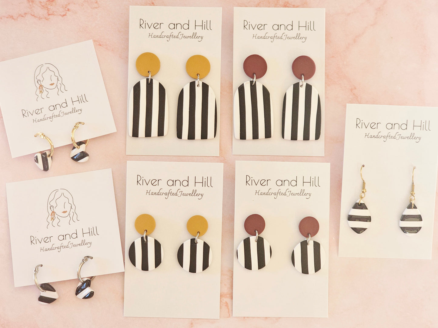 Striped Hoop Heart Earrings Black and White
