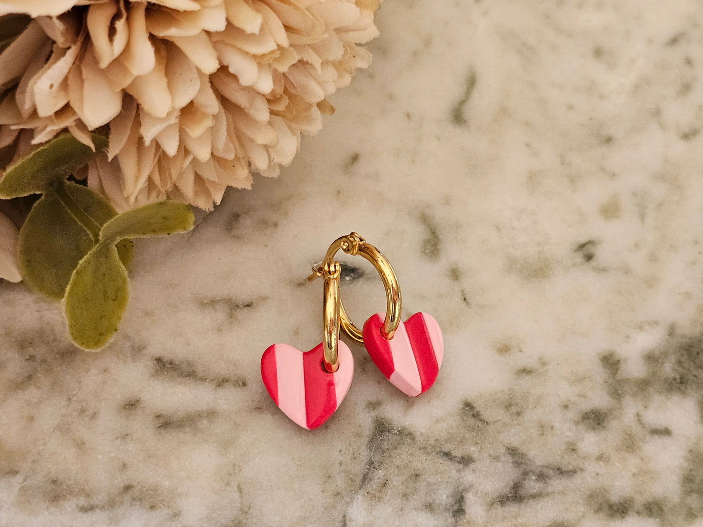 Striped Hoop Heart Earrings Pink and Red