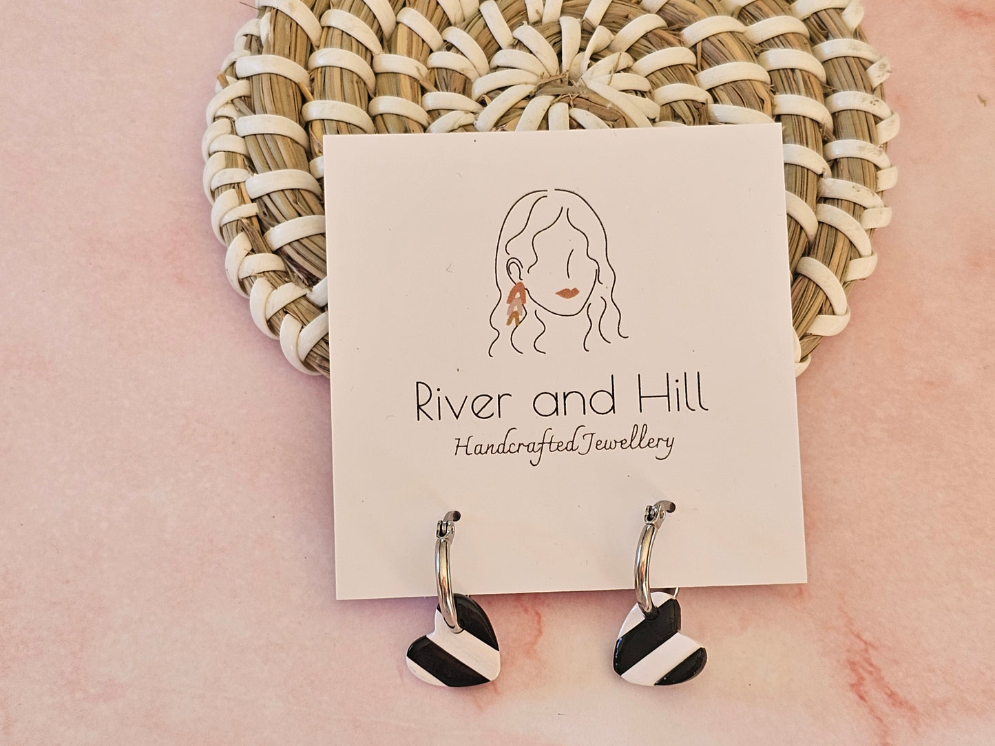 Striped Hoop Heart Earrings Black and White