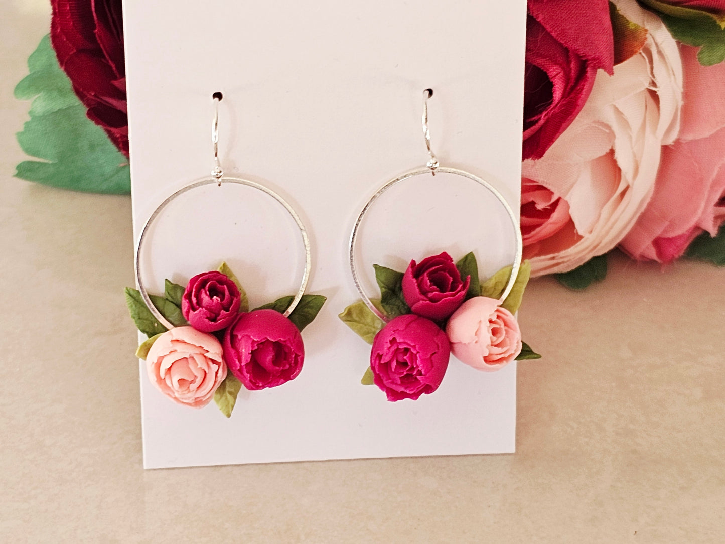 Peonies Sterling Silver Hook Earrings