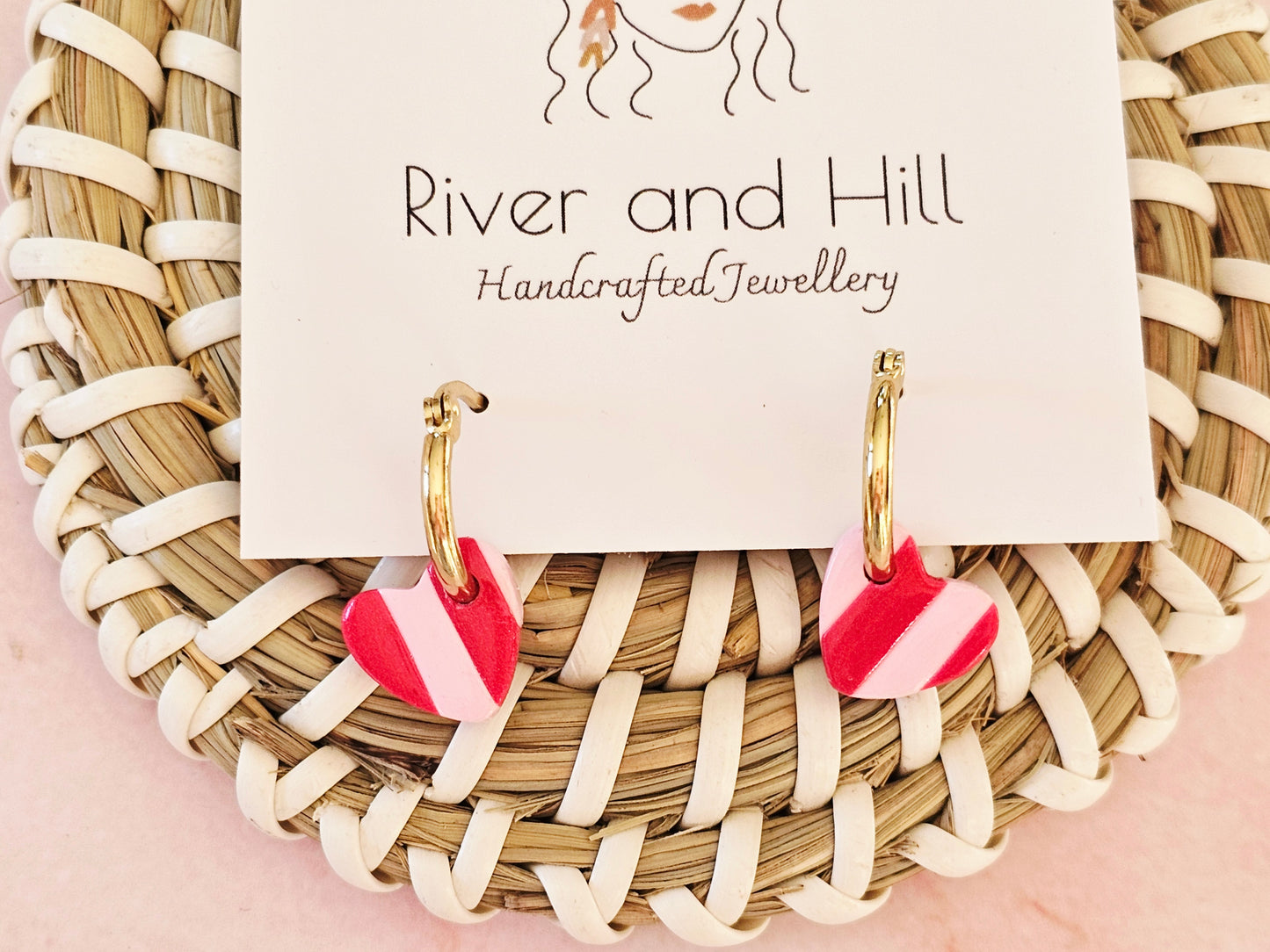 Striped Hoop Heart Earrings Pink and Red