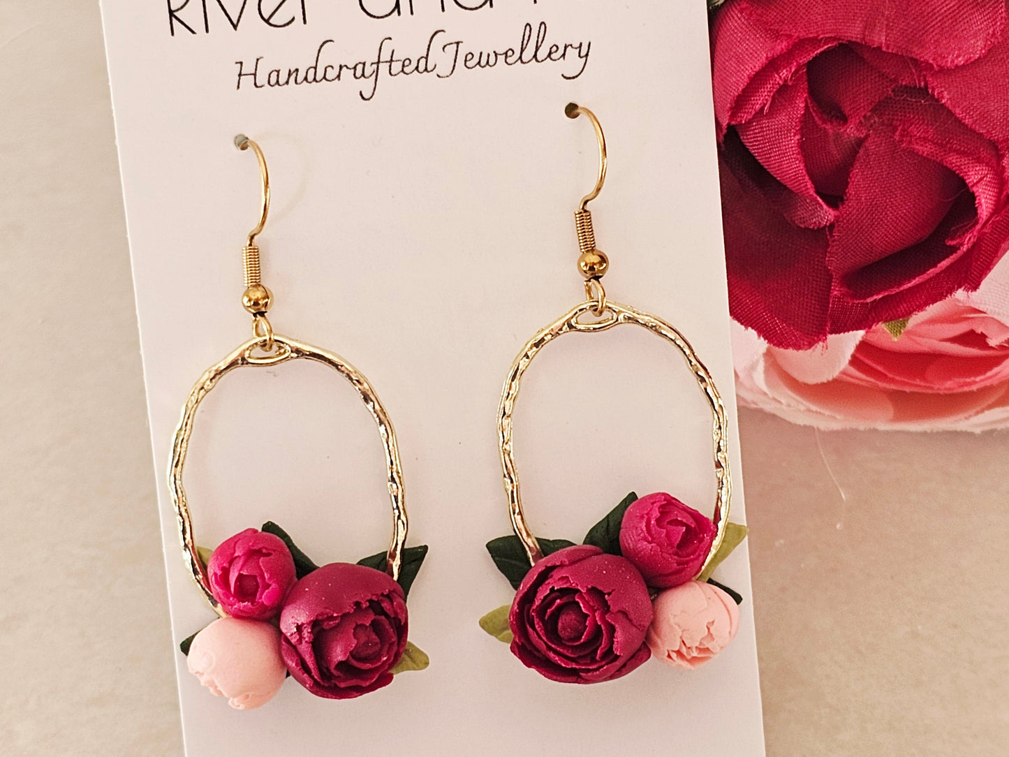 Peonies Gold Oval Bouquet Earrings