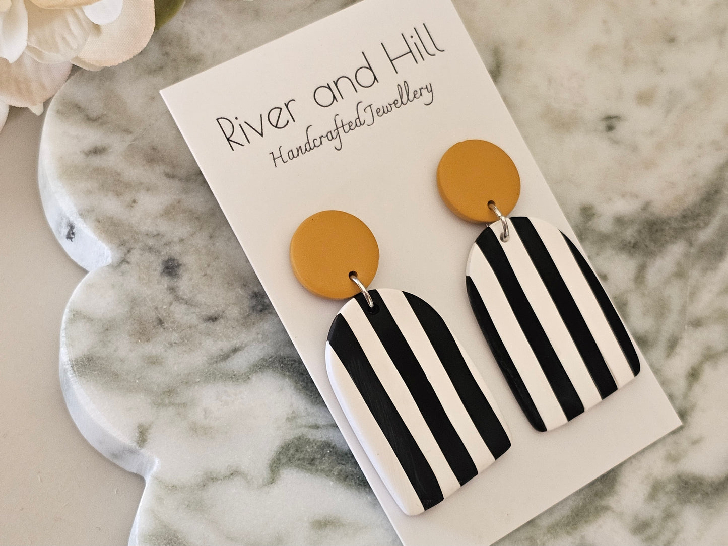 Striped Statement Earrings Black, White and Mustard