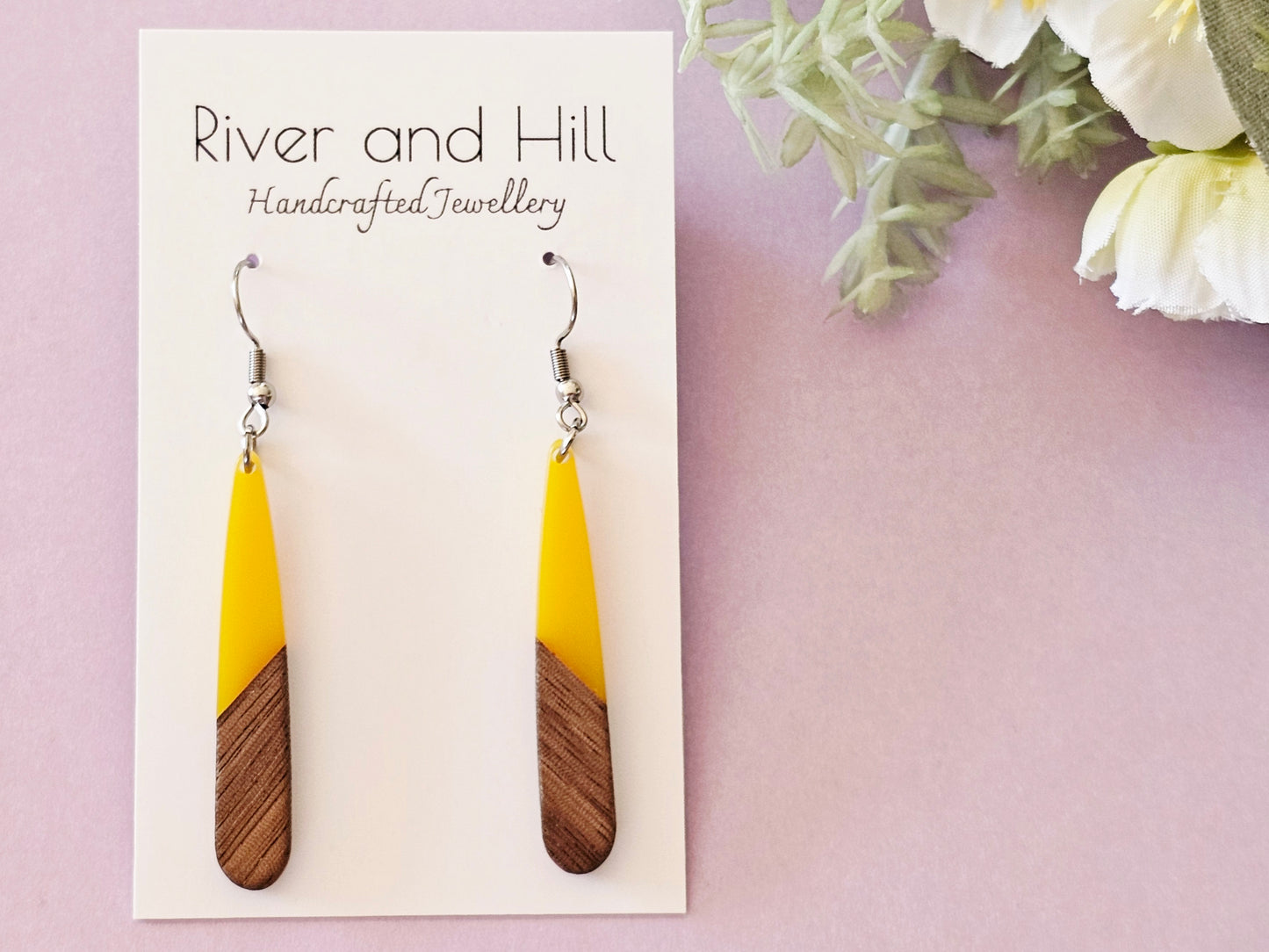 Wood and Resin Droplet Earrings