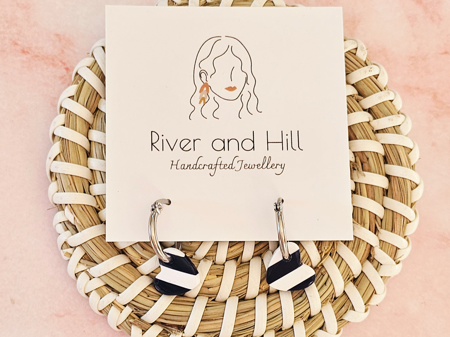 Striped Hoop Heart Earrings Navy and White