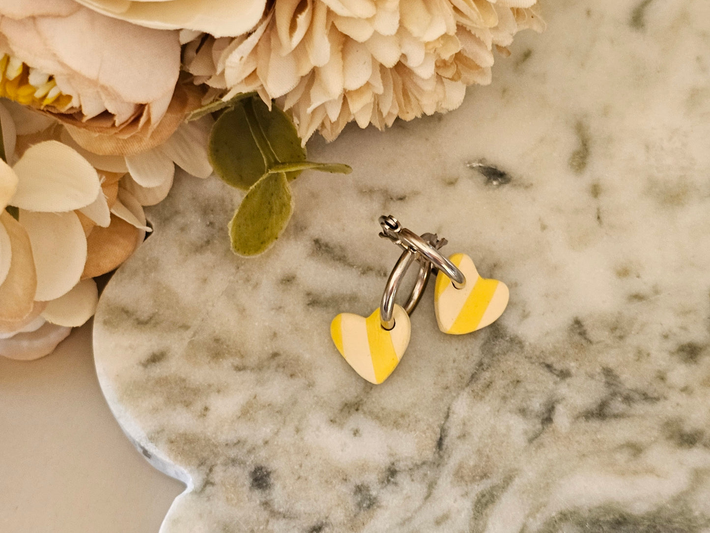 Striped Hoop Heart Earrings Yellow