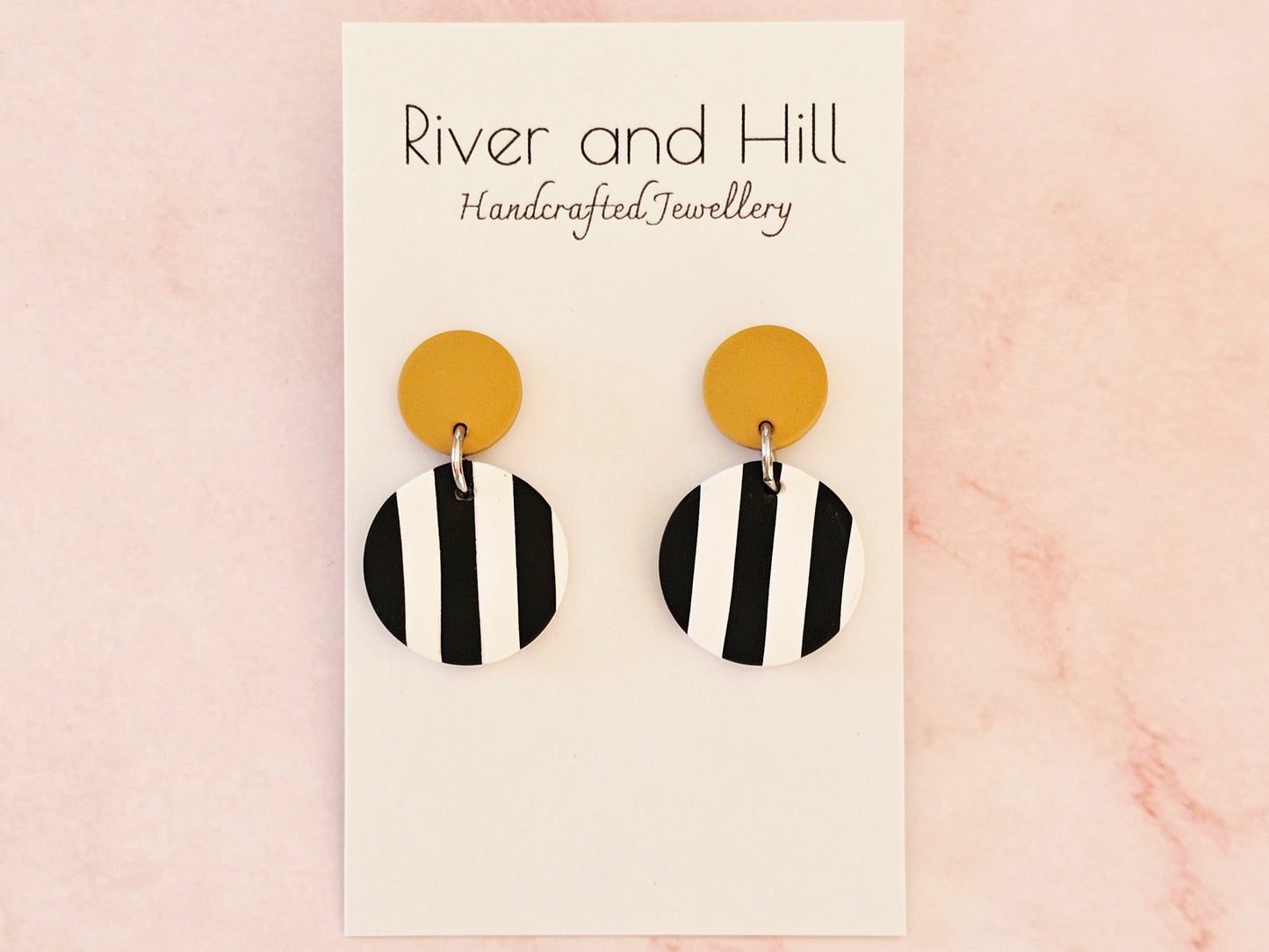 Striped Earrings Black, White and Mustard