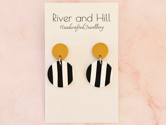Striped Earrings Black, White and Mustard