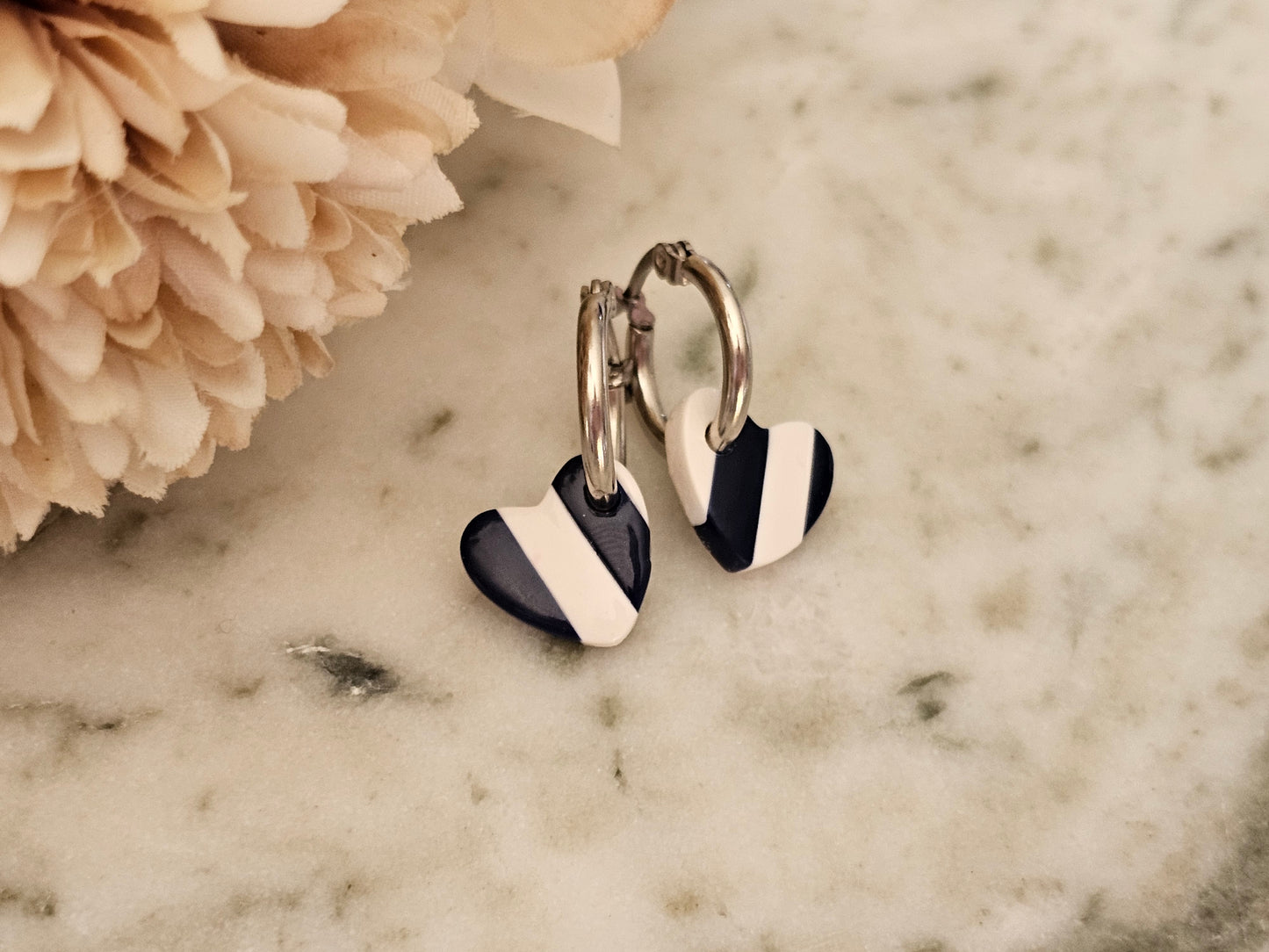 Striped Hoop Heart Earrings Navy and White