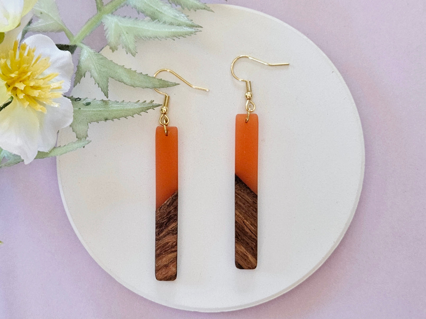 Wood and Resin Bar Gold Hook Earrings