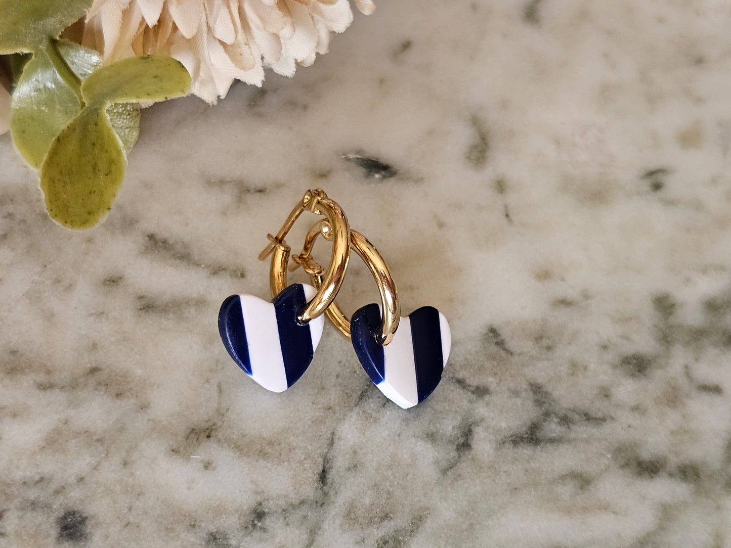 Striped Hoop Heart Earrings Navy and White