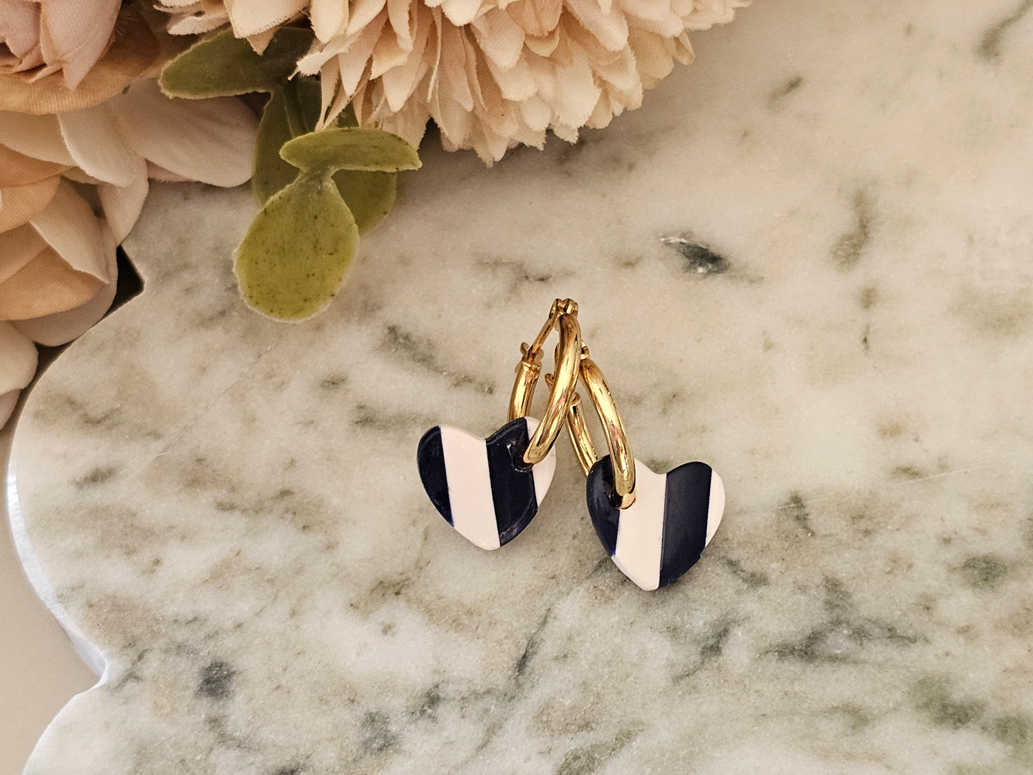 Striped Hoop Heart Earrings Navy and White