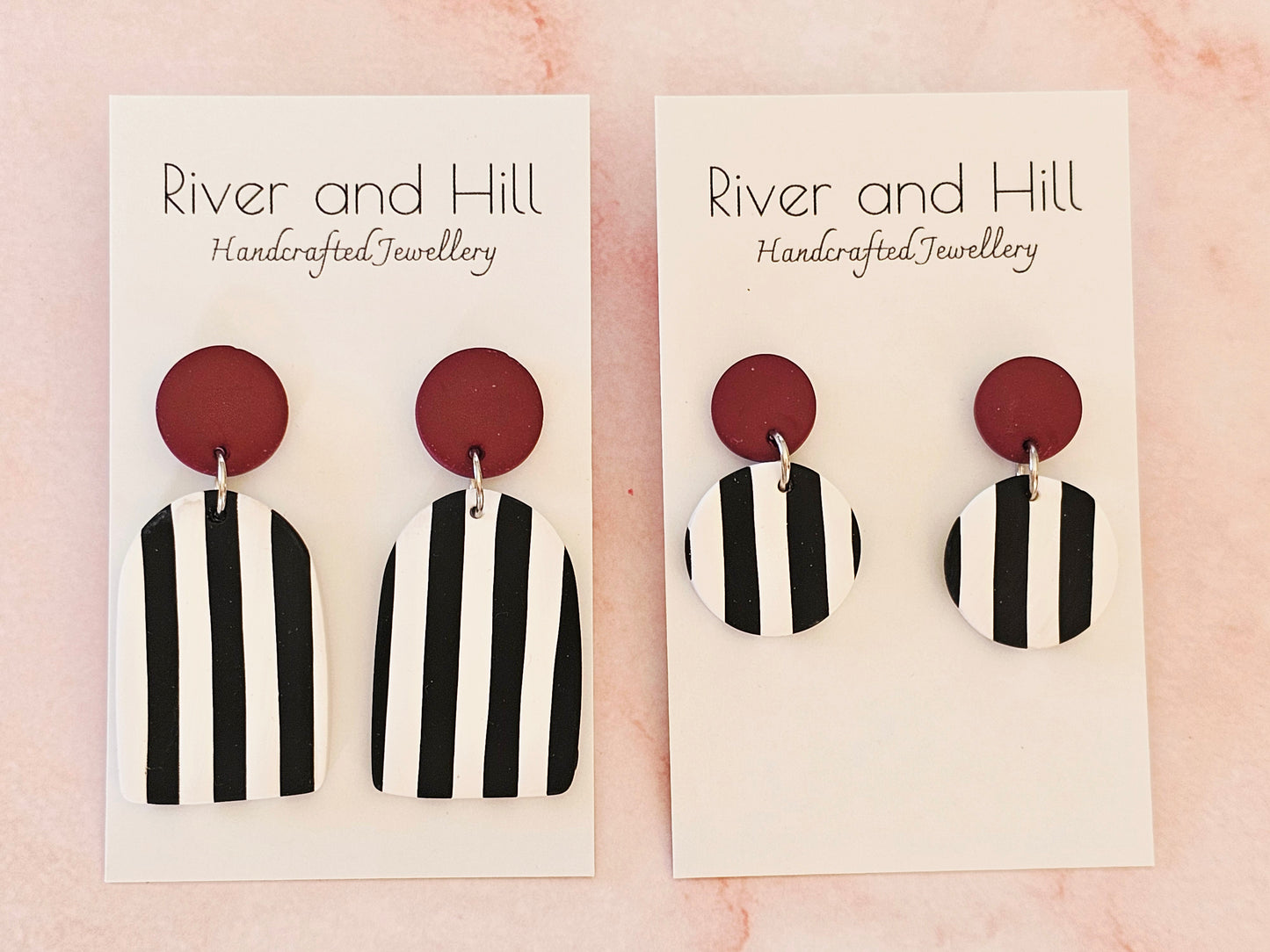 Striped Statement Earrings Black, White and Burgundy
