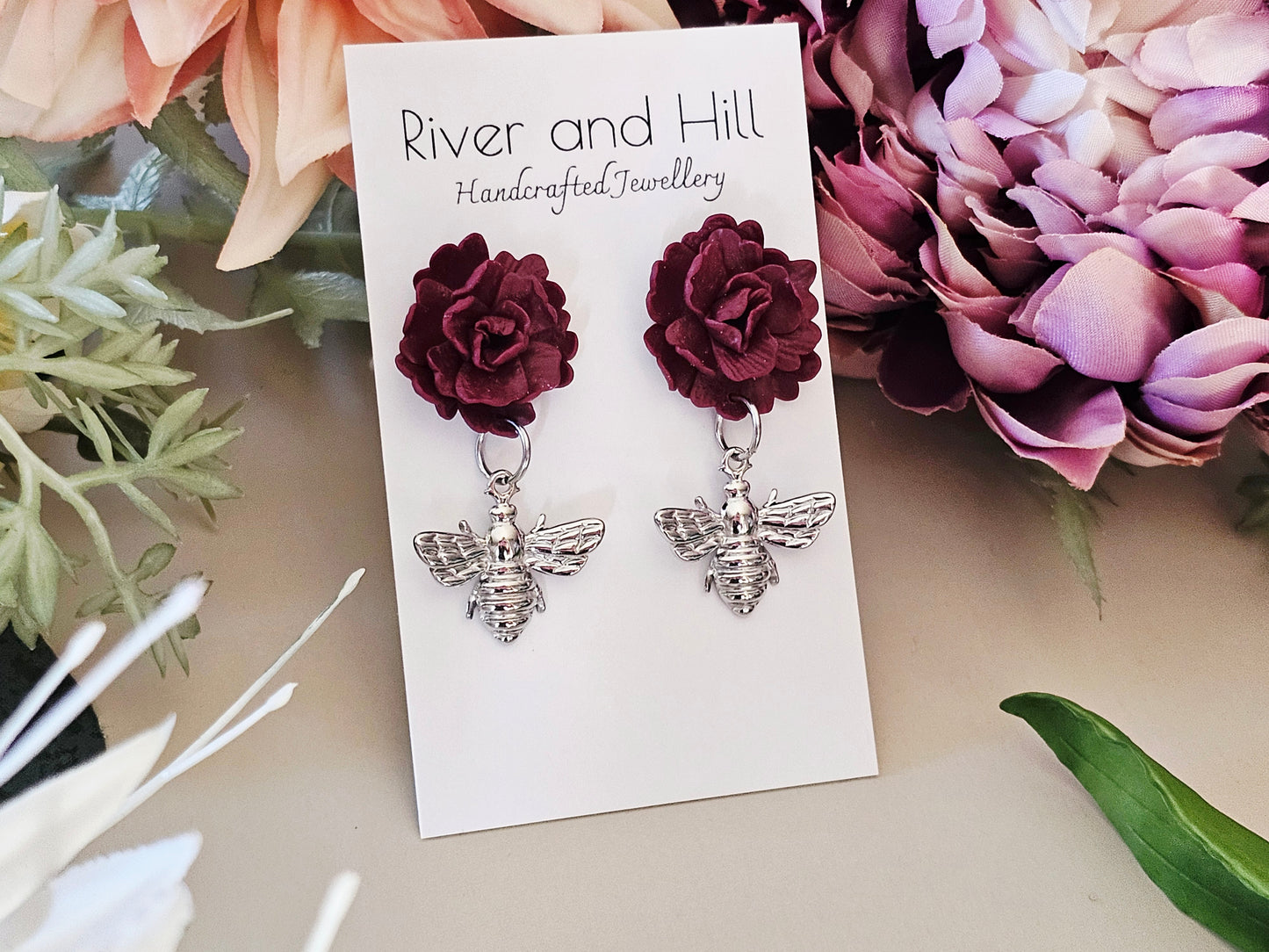 Carnation and Bee Charm Silver Earrings