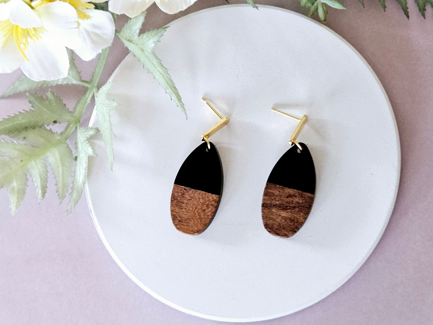 Wood and Resin Monochrome Dainty Oval Earrings