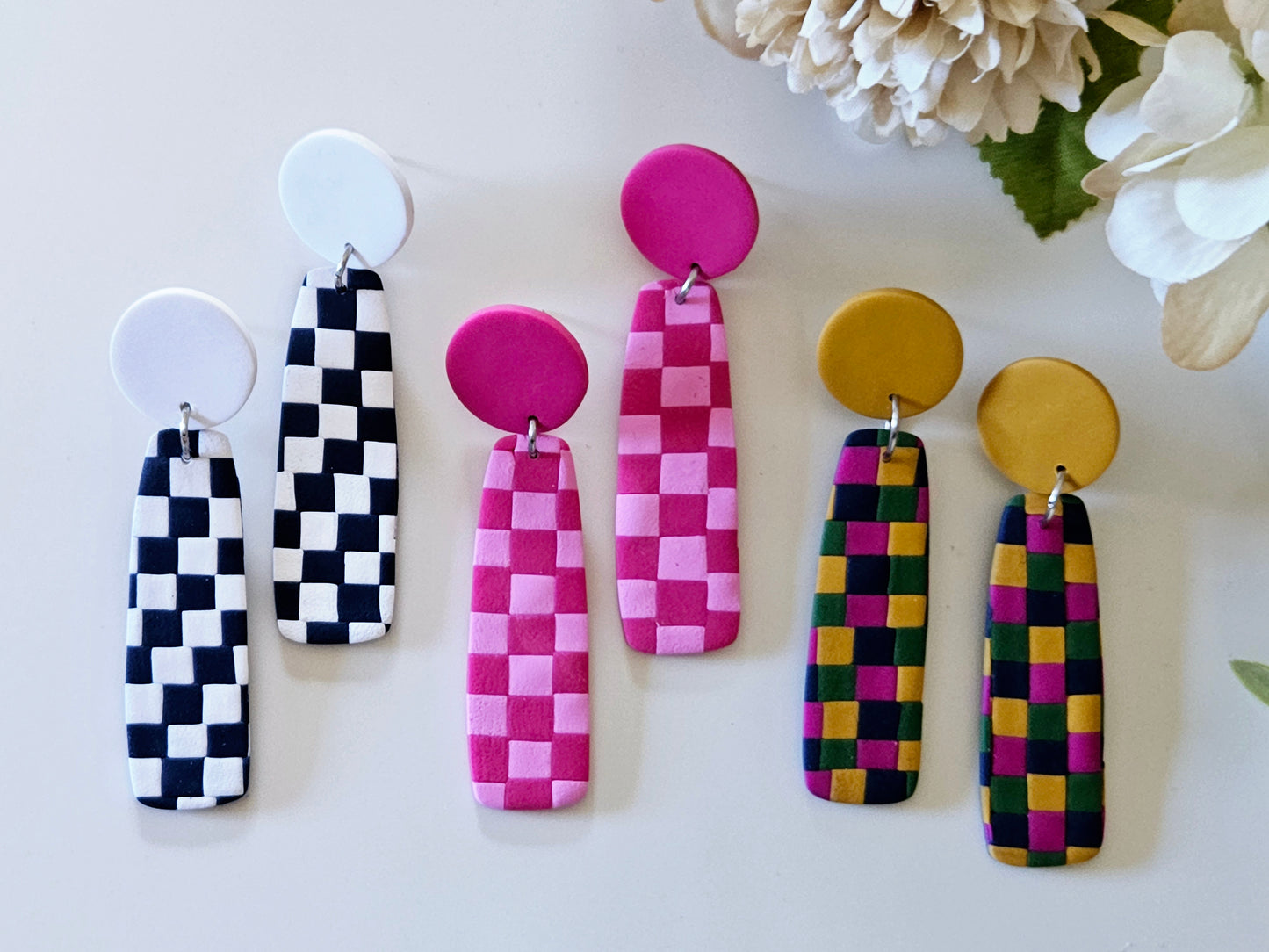 Checkered Bar Pink Earrings
