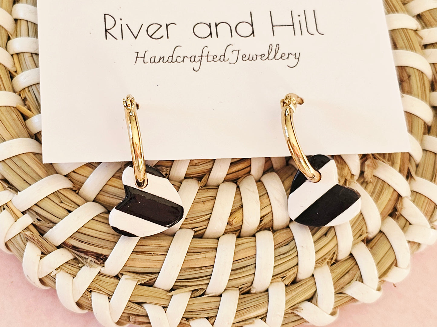 Striped Hoop Heart Earrings Black and White