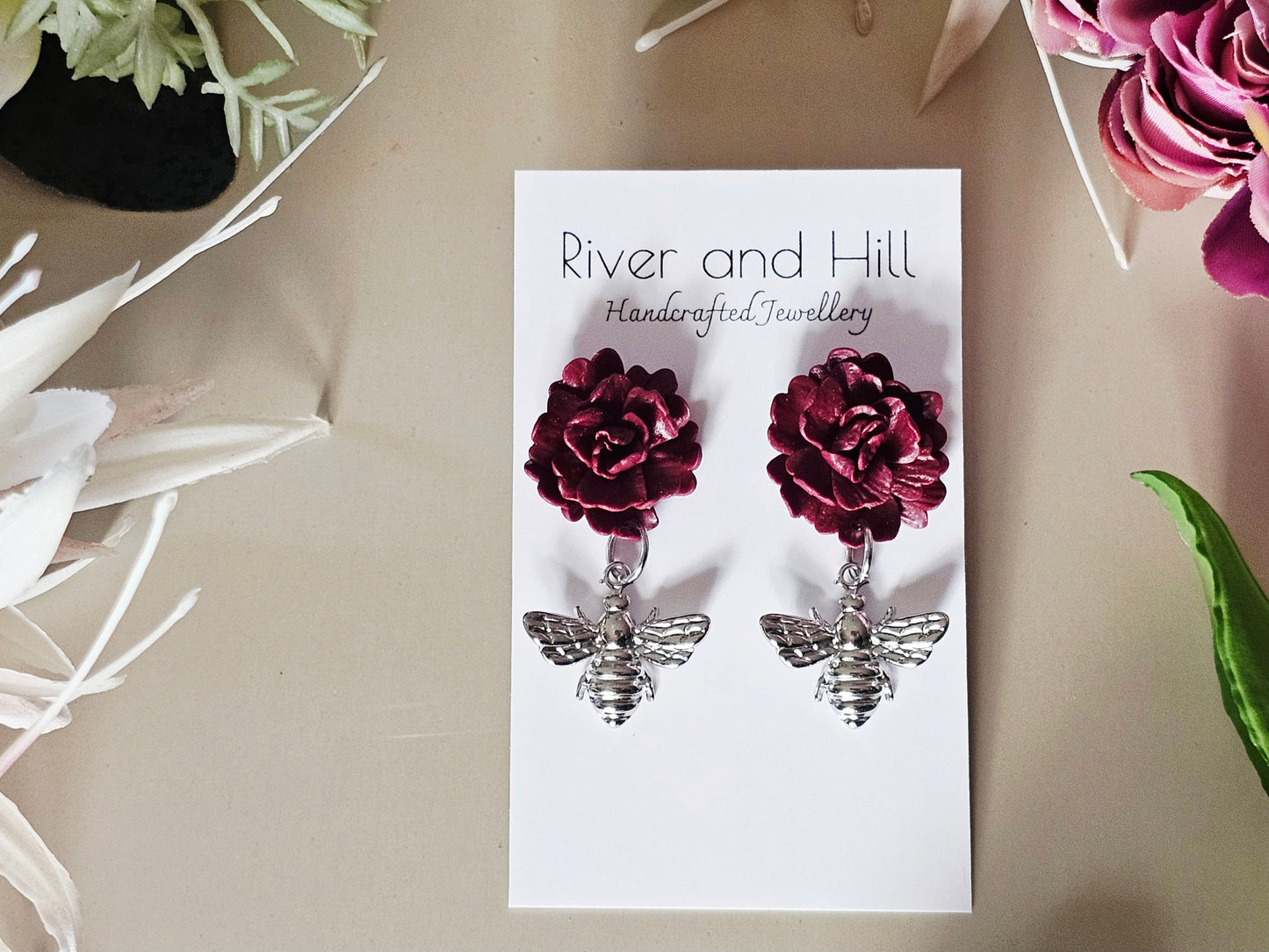 Carnation and Bee Charm Silver Earrings
