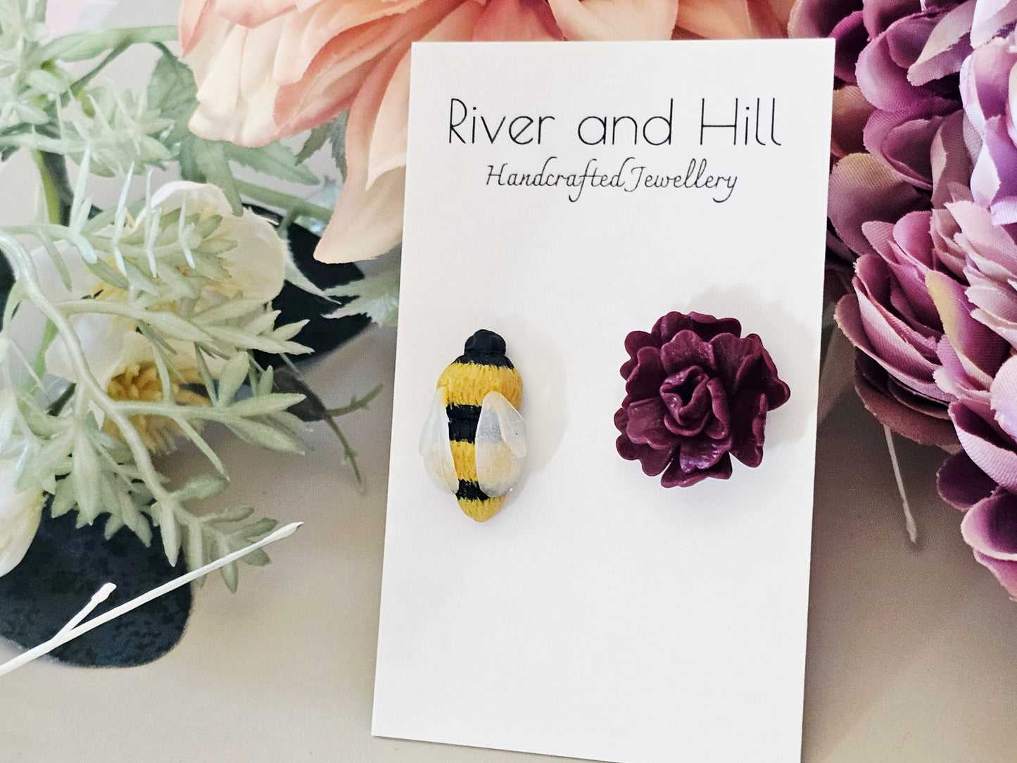 Carnation and Bumble Bee Earrings
