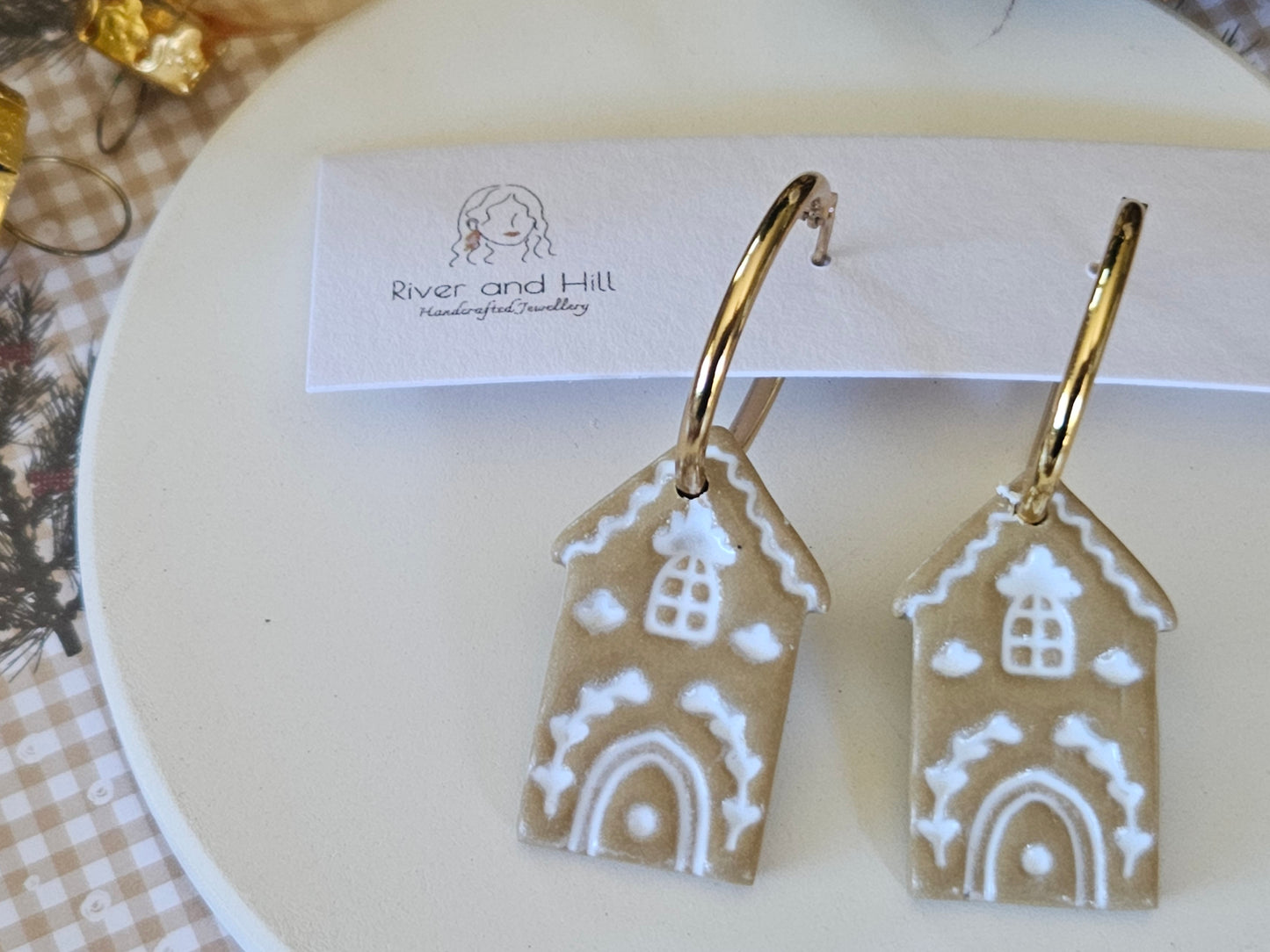 Christmas Folk Gingerbread House Hoop Earrings
