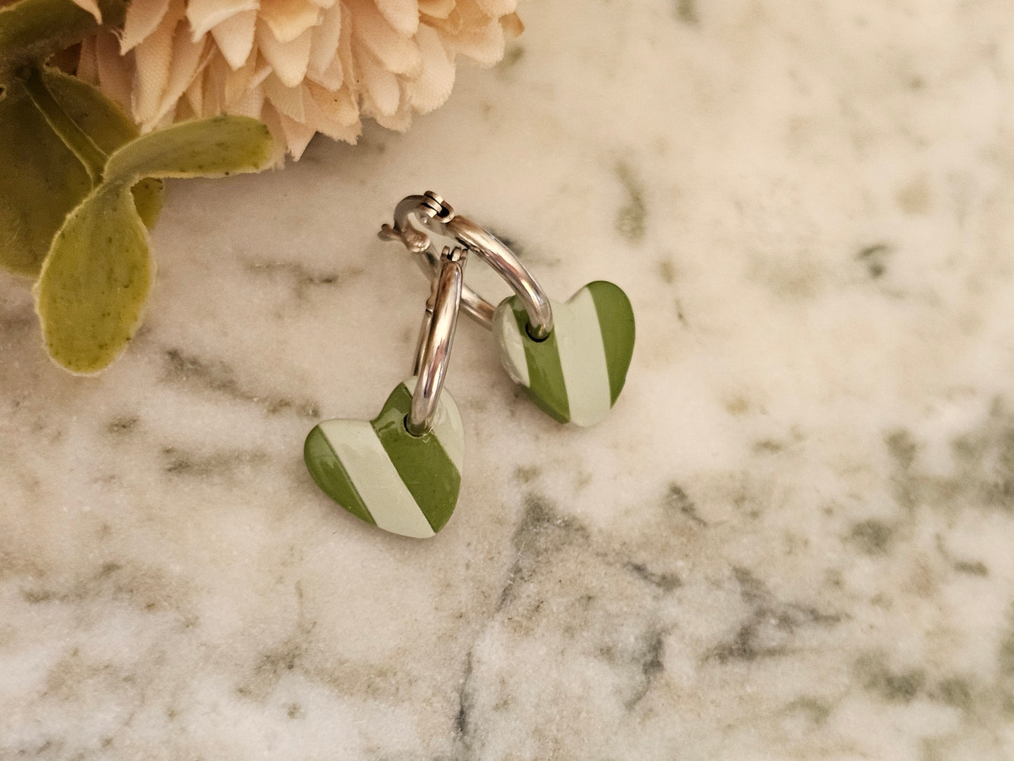 Striped Hoop Heart Earrings Olive and Sage Green