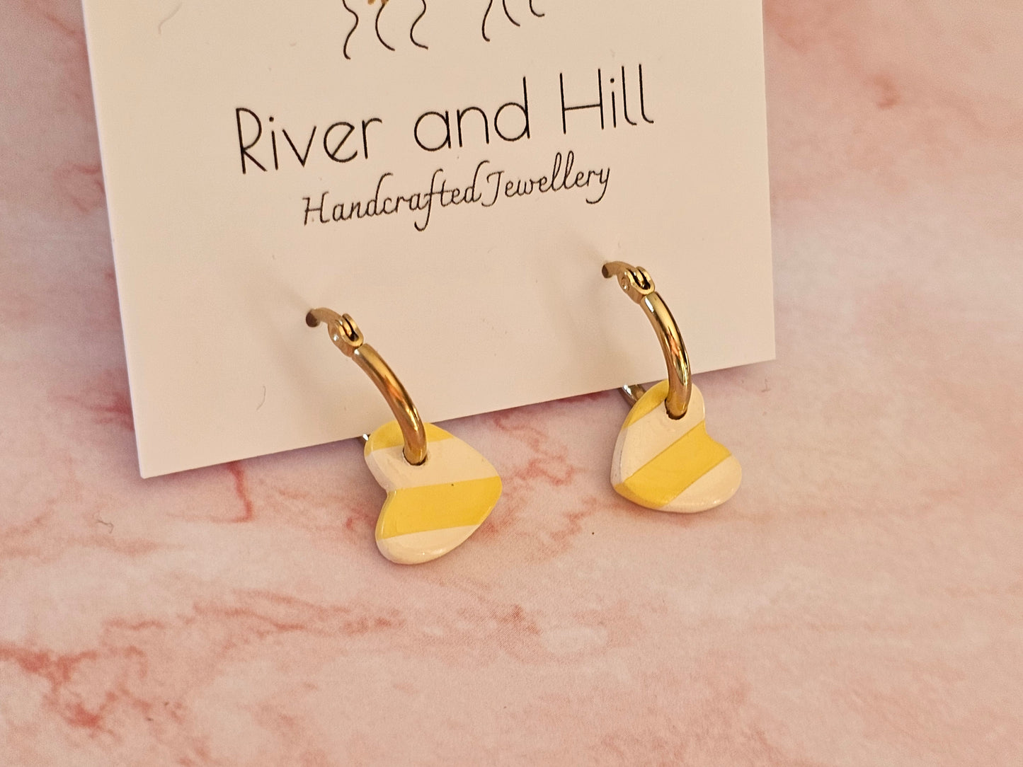 Striped Hoop Heart Earrings Yellow