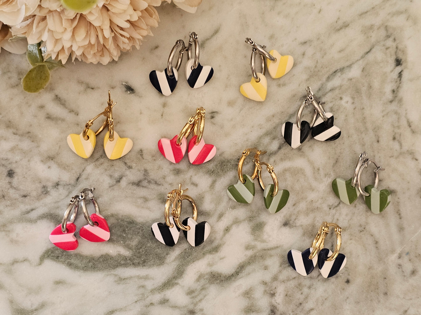 Striped Hoop Heart Earrings Yellow