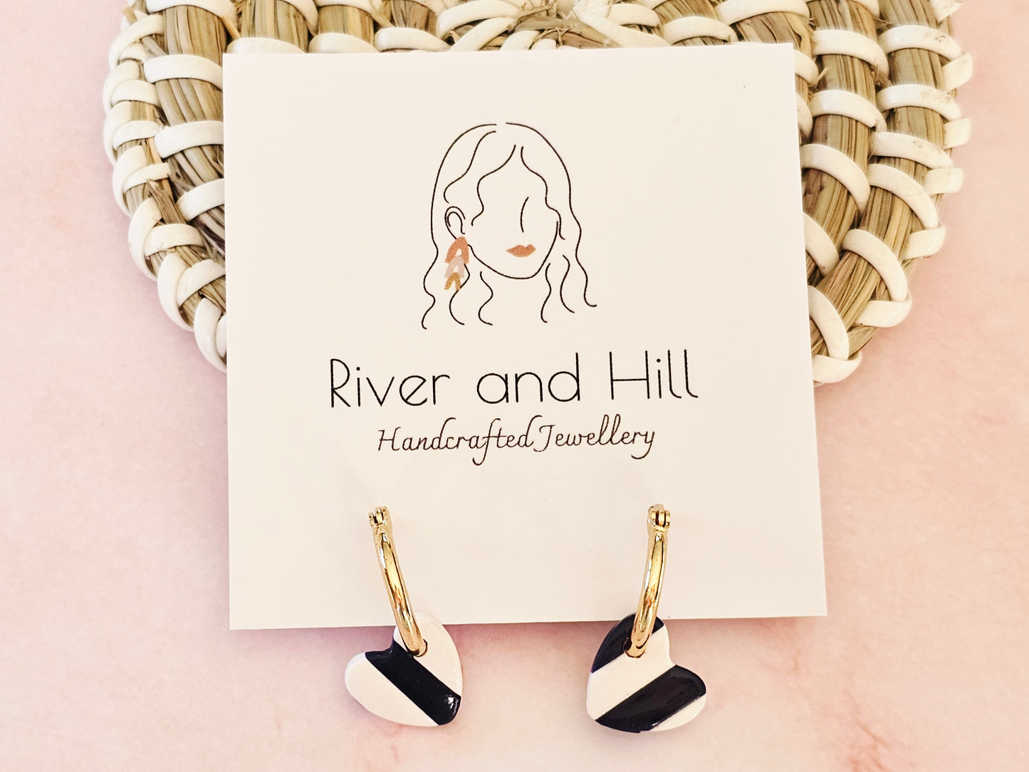 Striped Hoop Heart Earrings Navy and White