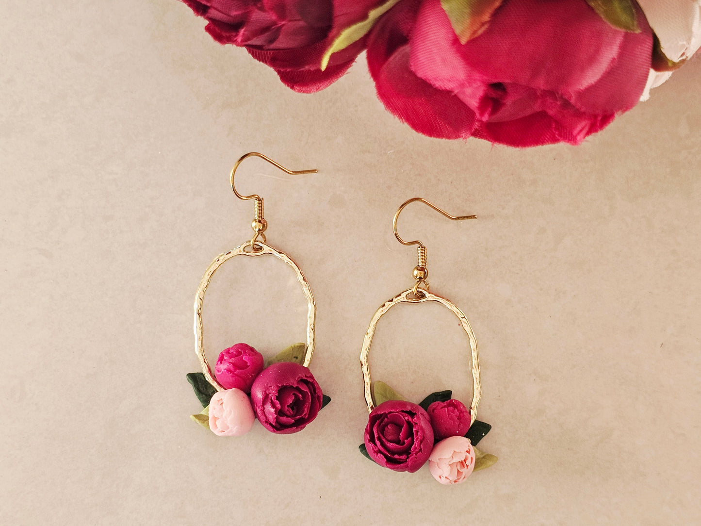 Peonies Gold Oval Bouquet Earrings