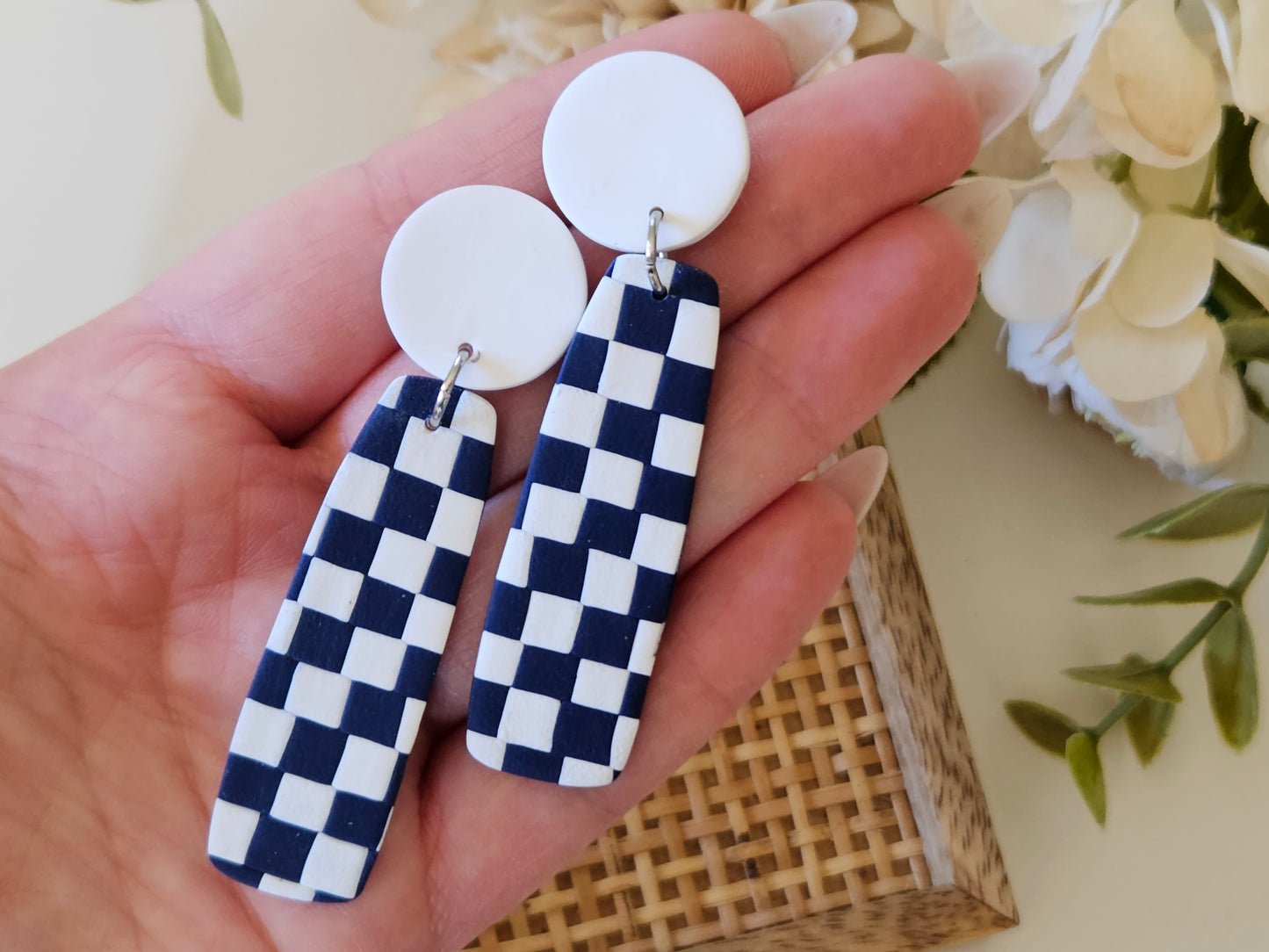 Checkered Bar Navy and White Earrings
