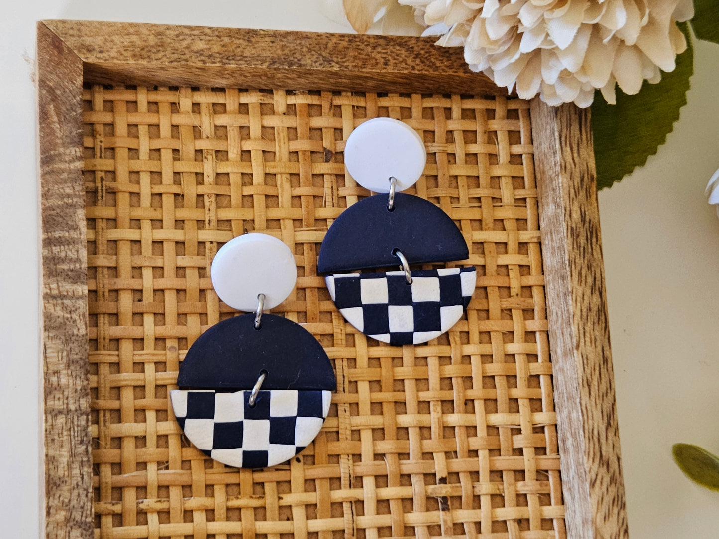 Checkered Disk Navy and White Earrings