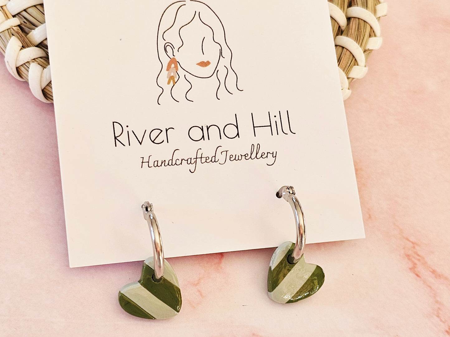 Striped Hoop Heart Earrings Olive and Sage Green