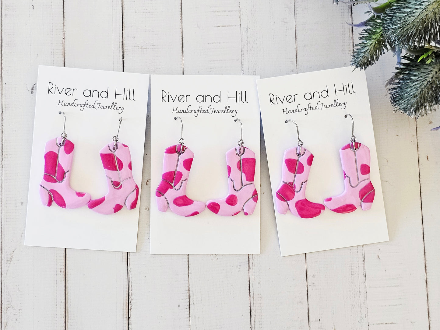 Cow Print Pink Cowboy Boot Earrings