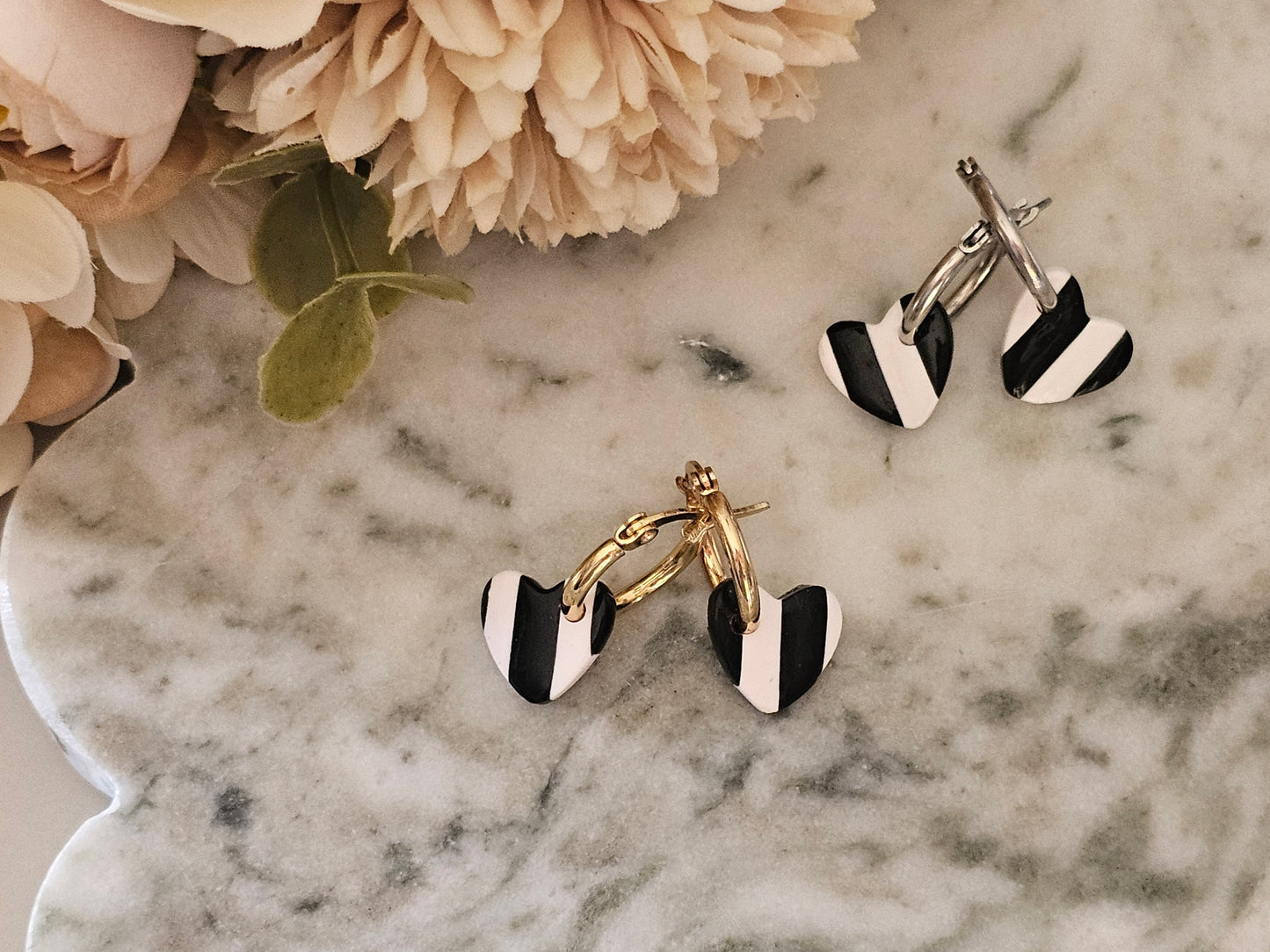Striped Hoop Heart Earrings Black and White