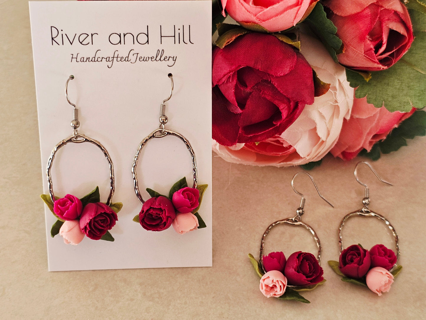 Peonies Gold Oval Bouquet Earrings