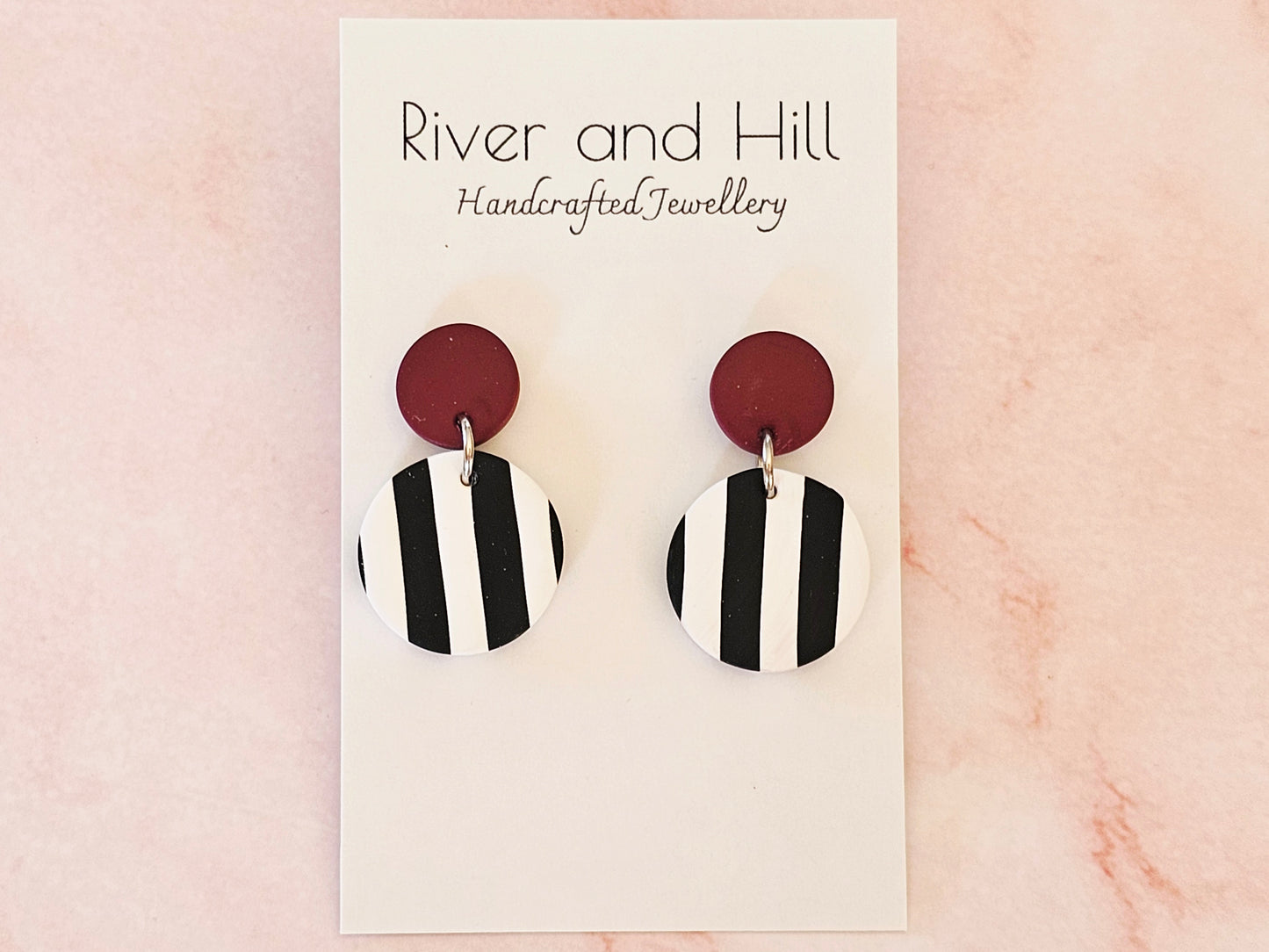 Striped Earrings Black, White and Burgundy