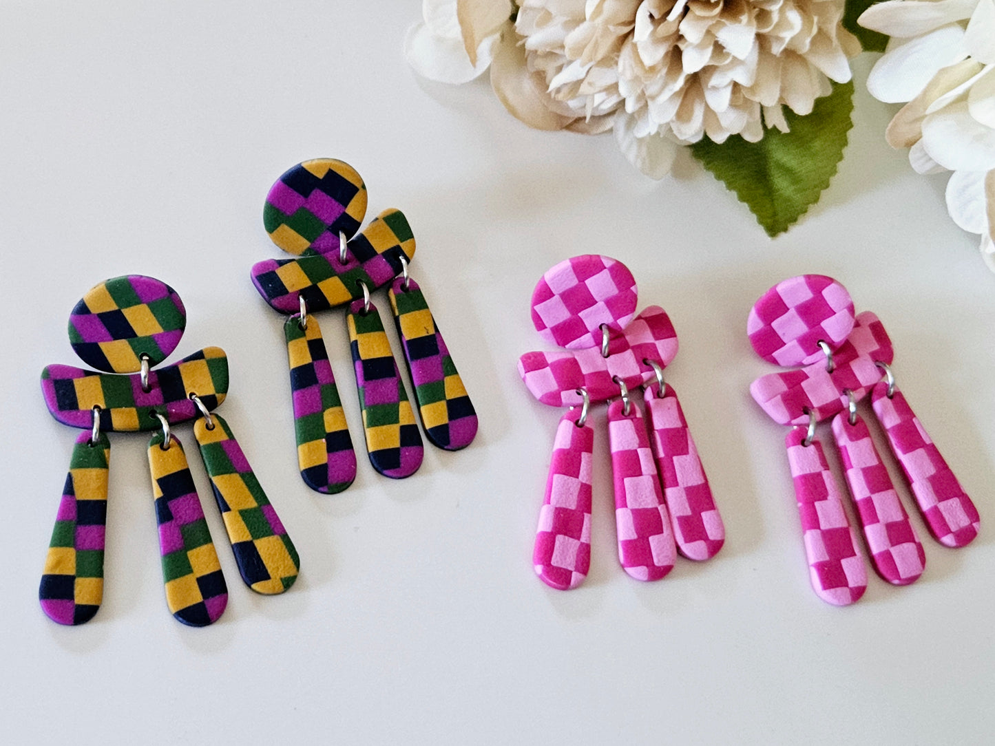Checkered Dangle Bright Earrings