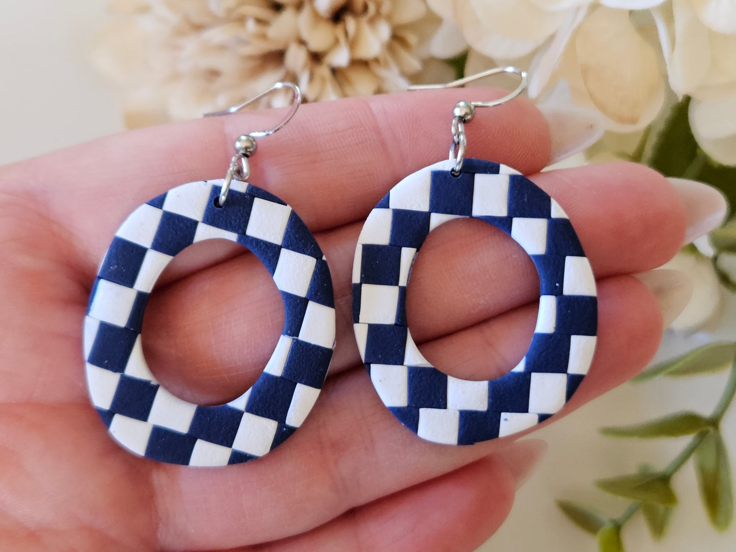Checkered Oval Navy and White Earrings