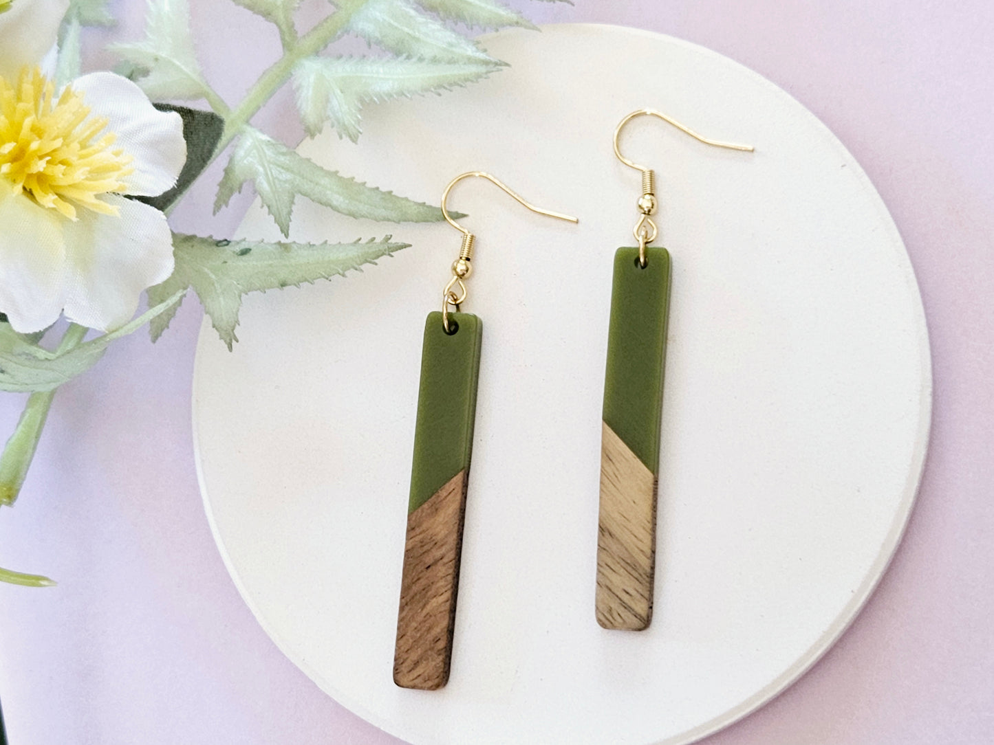 Wood and Resin Bar Gold Hook Earrings