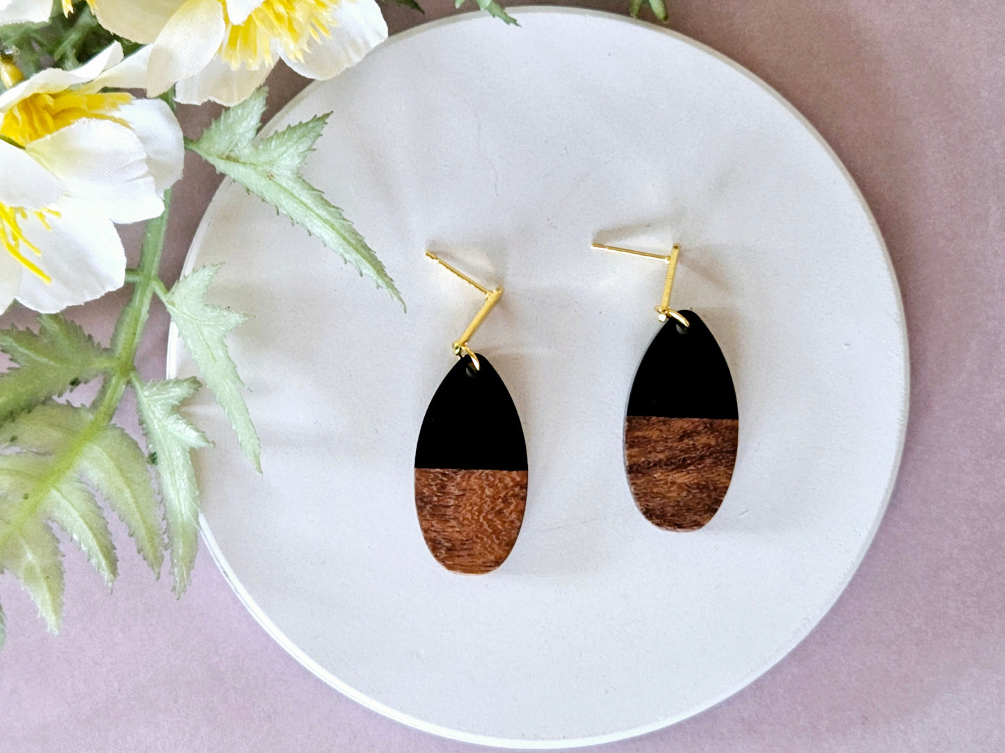 Wood and Resin Monochrome Dainty Oval Earrings