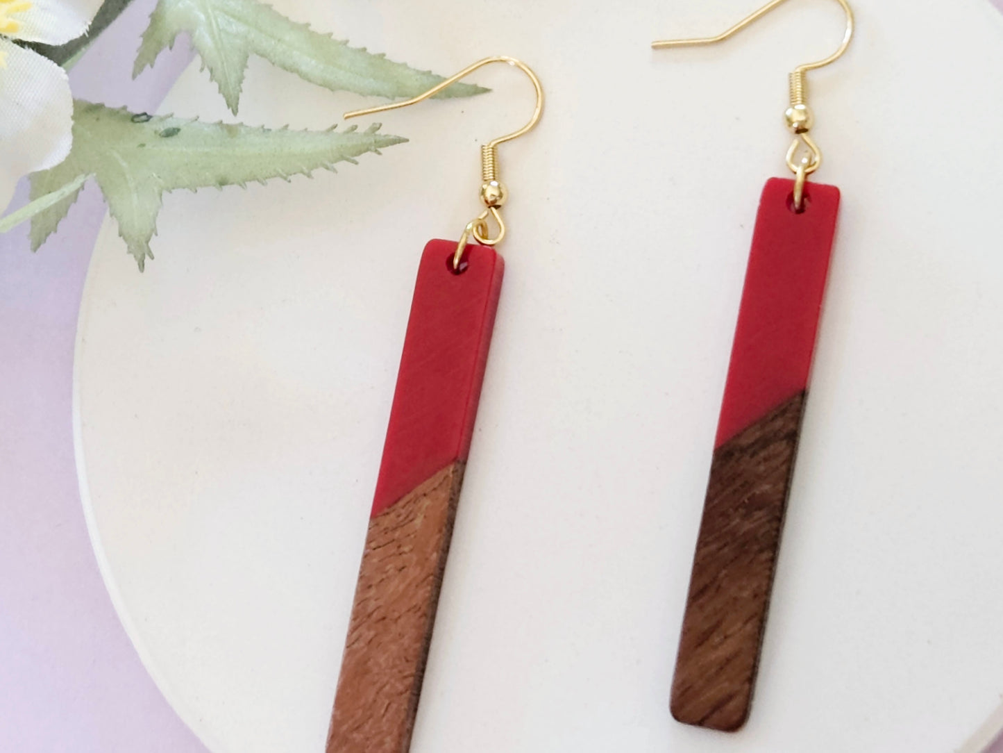 Wood and Resin Bar Gold Hook Earrings