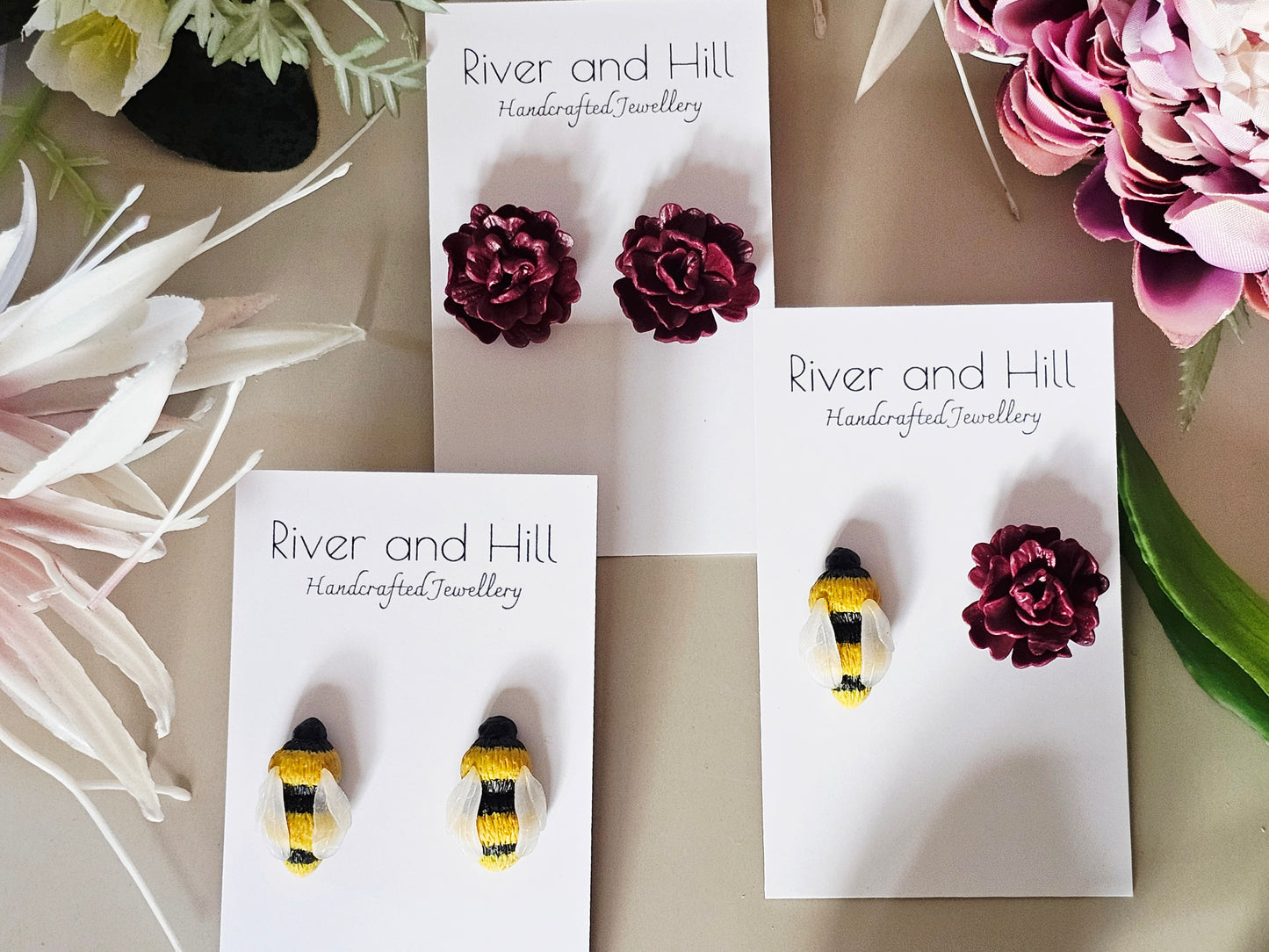 Carnation and Bumble Bee Earrings