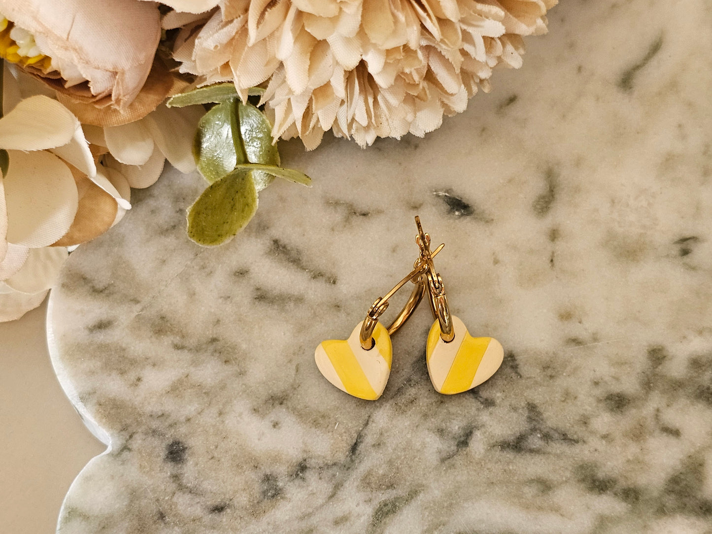 Striped Hoop Heart Earrings Yellow