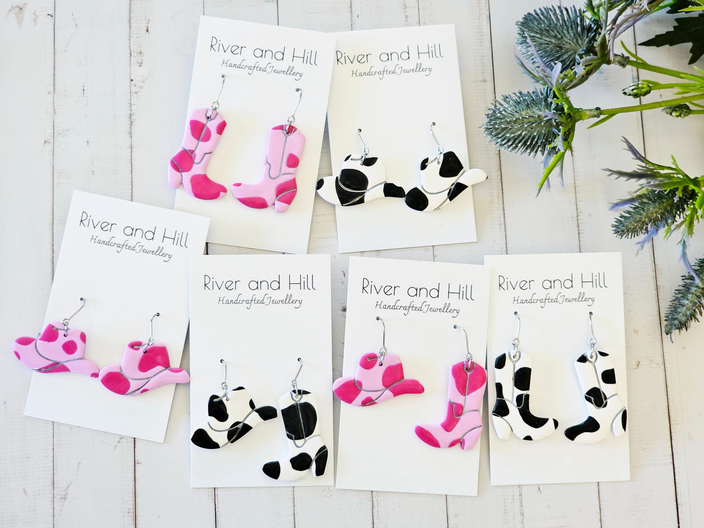 Cow Print Pink Cowboy Boot Earrings