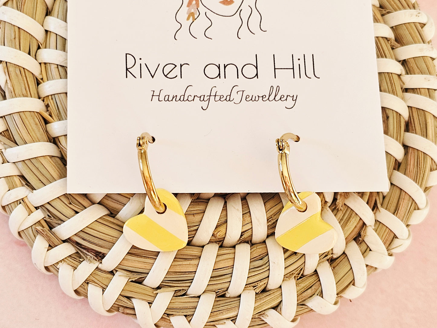 Striped Hoop Heart Earrings Yellow