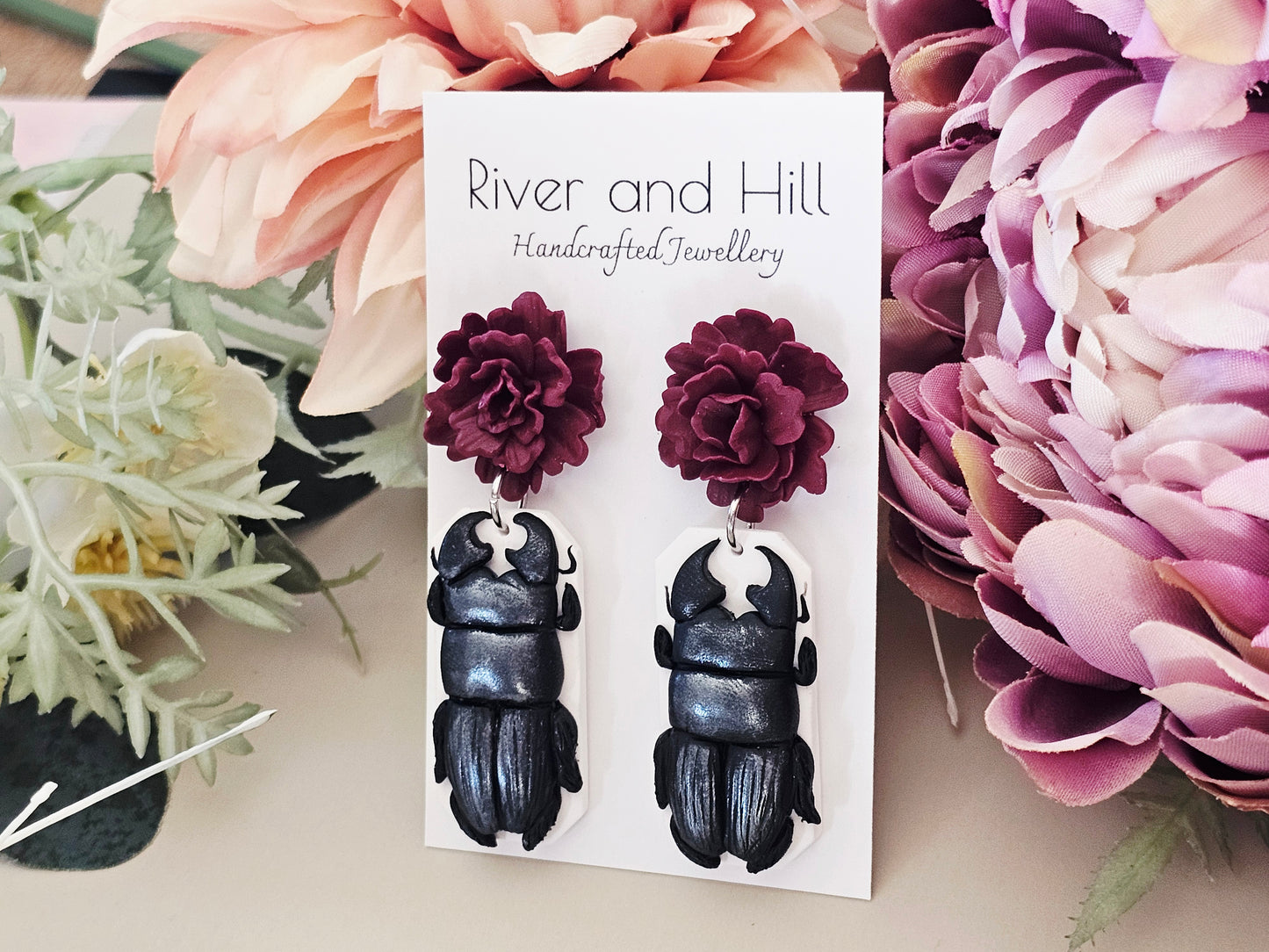 Stag Beetle & Carnation Earrings