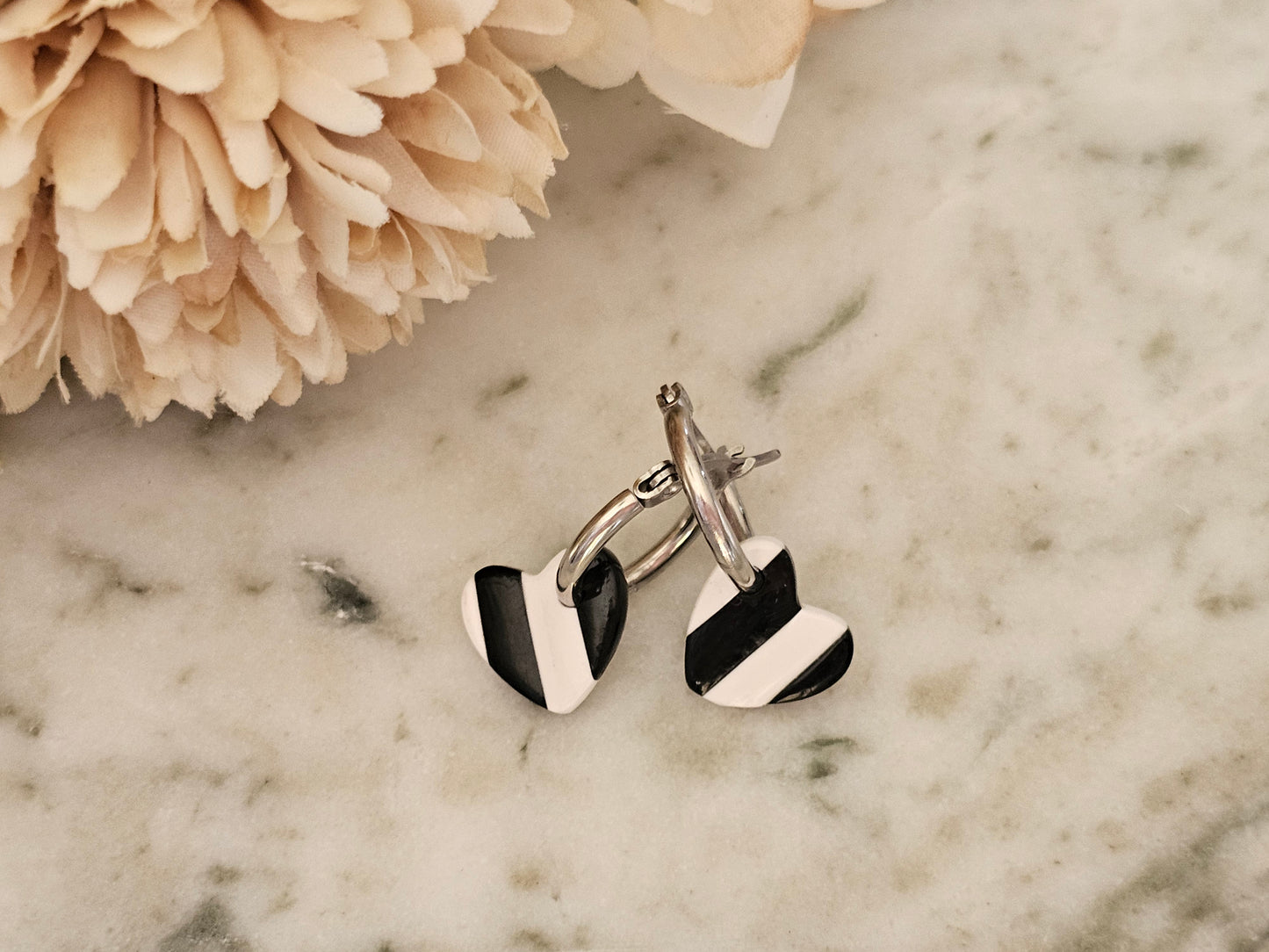 Striped Hoop Heart Earrings Black and White