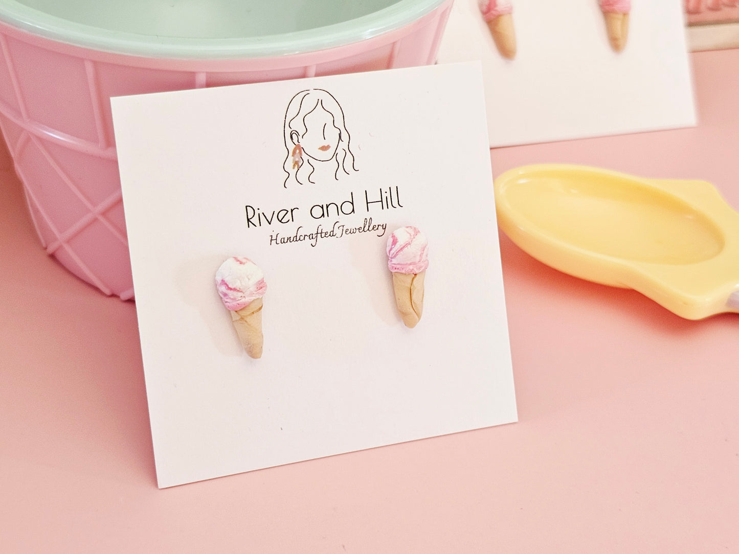 Ice Cream Cone Strawberry Swirl Studs